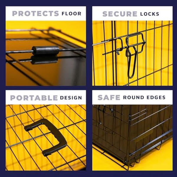 DogCrates+ Medium Foldable Dog Crate with Bed, 2 Doors Design, Non-Chew Metal, Removable Tray, 30-Inch Black
