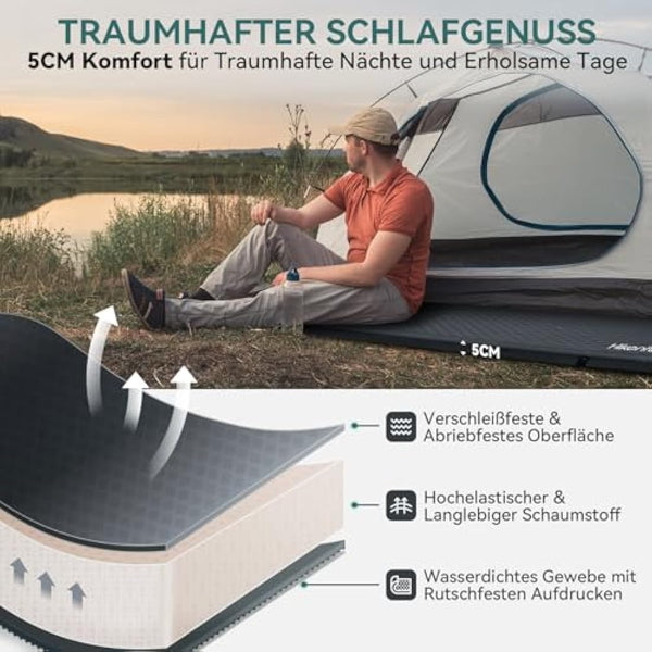 HIKENTURE Self-Inflating Sleeping Mat, 5 cm Thick Foam Camping Mattress, Self-Inflating Air Mattress, Comfortable Sleeping Mat for Camping, Outdoor, Hiking, Travel, Tent (Dark Grey A3)