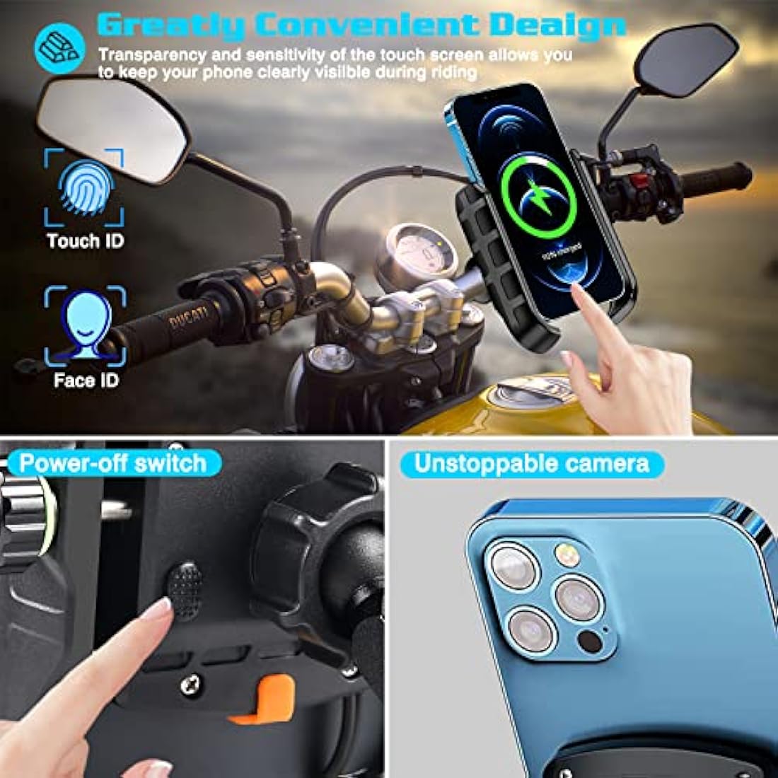 iMESTOU Motorcycle Wireless Phone Mount Charger QC3.0 USB C Handlebar/Rear-View Mirror Phone Holder Works with 12V/24V Motorcycles or by Plugging to USB A Socket Universal for 4.0-7.0" Cellphones