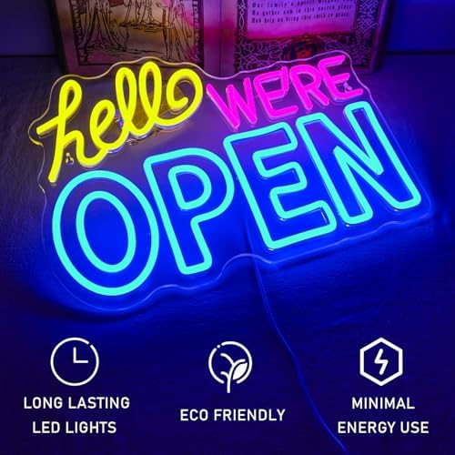 Ineonlife Open Neon Sign, Dimmable Led Light for Wall Decor, Neon Light Up Signs with USB, Blue Yellow Pink Hello We're Open Neon Lights for Business Bar Shop Salon Hotel Cafe Store