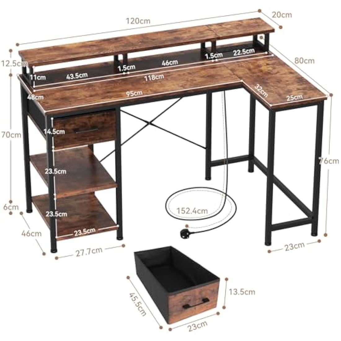 Dripex L Shaped Desk with Power Outlet Corner Computer Desk with Storage Shelves & Fabric Drawer, Study Writing Table Gaming Desk for Home Office L120xW80xH88cm