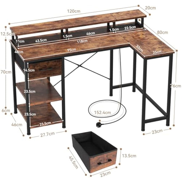 Dripex L Shaped Desk with Power Outlet Corner Computer Desk with Storage Shelves & Fabric Drawer, Study Writing Table Gaming Desk for Home Office L120xW80xH88cm