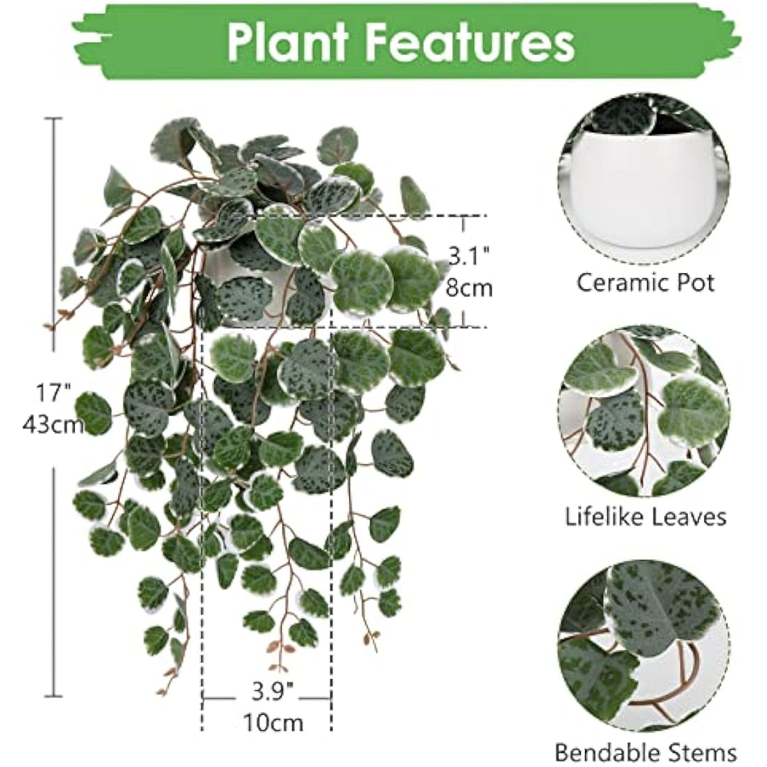 Hollyone Trailing Artificial Plants Decorative Fake Potted Plants, String of Hearts Plants Indoors Outdoors, Faux Trailing Plants Greenery for Home, Wall, Living Room, Bedroom, Office Decor