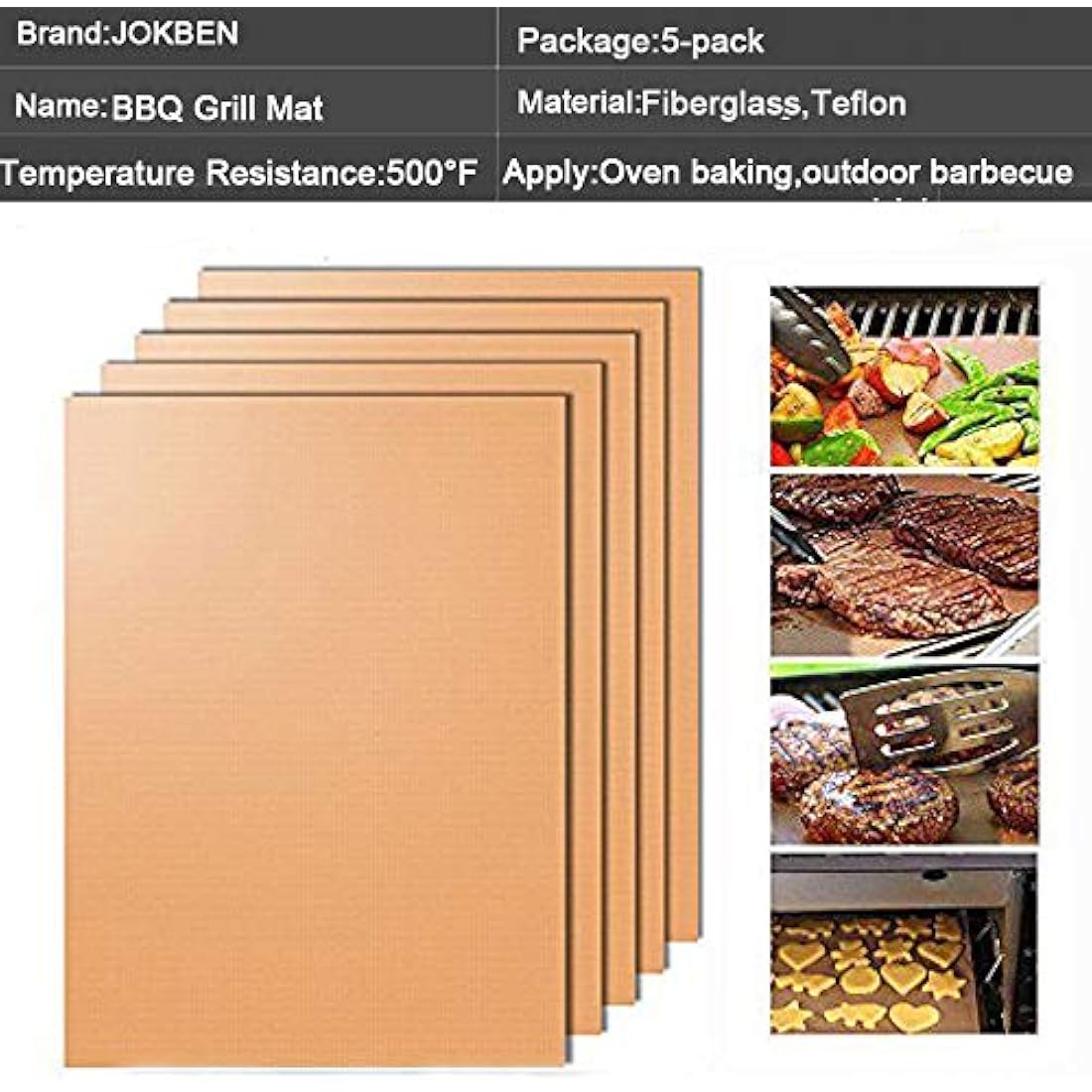 JOKBEN Copper Grill Mat, 5-Pack Heavy Duty Magic BBQ Grill Mats Non Stick, Reusable, and Easy to Clean Barbecue Grilling Accessories for Gas, Electric, and Charcoal Grilling (Grill Mats)