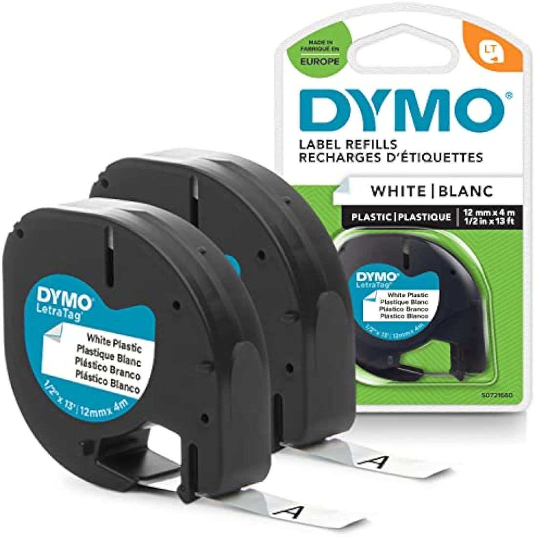 DYMO Branded LetraTag Plastic Labels | 12 mm x 4 m Roll | Black Print on White Labels | Multipurpose, Self-Adhesive Labels for LetraTag Label Makers | 2 Count