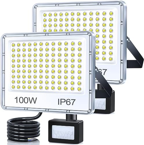 TASINUO 100W Security Lights Outdoor Motion Sensor 2 Pack, 10000LM LED Floodlight with PIR, IP67 Waterproof Flood Lights Outdoor Motion Sensor for Garden Patio Yard
