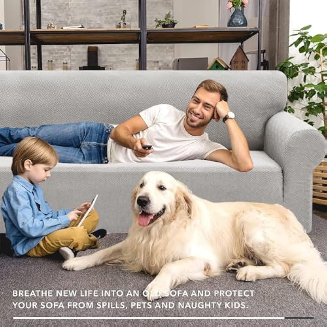 XINEAGE High Stretch Sofa Covers 3 Seater Latest Jacquard 1 Piece Sofa Slipcovers Living Room Universal Couch Covers for Dogs Pet Non Slip Sofa Furniture Protector Washable (3 Seater, Silver Grey)