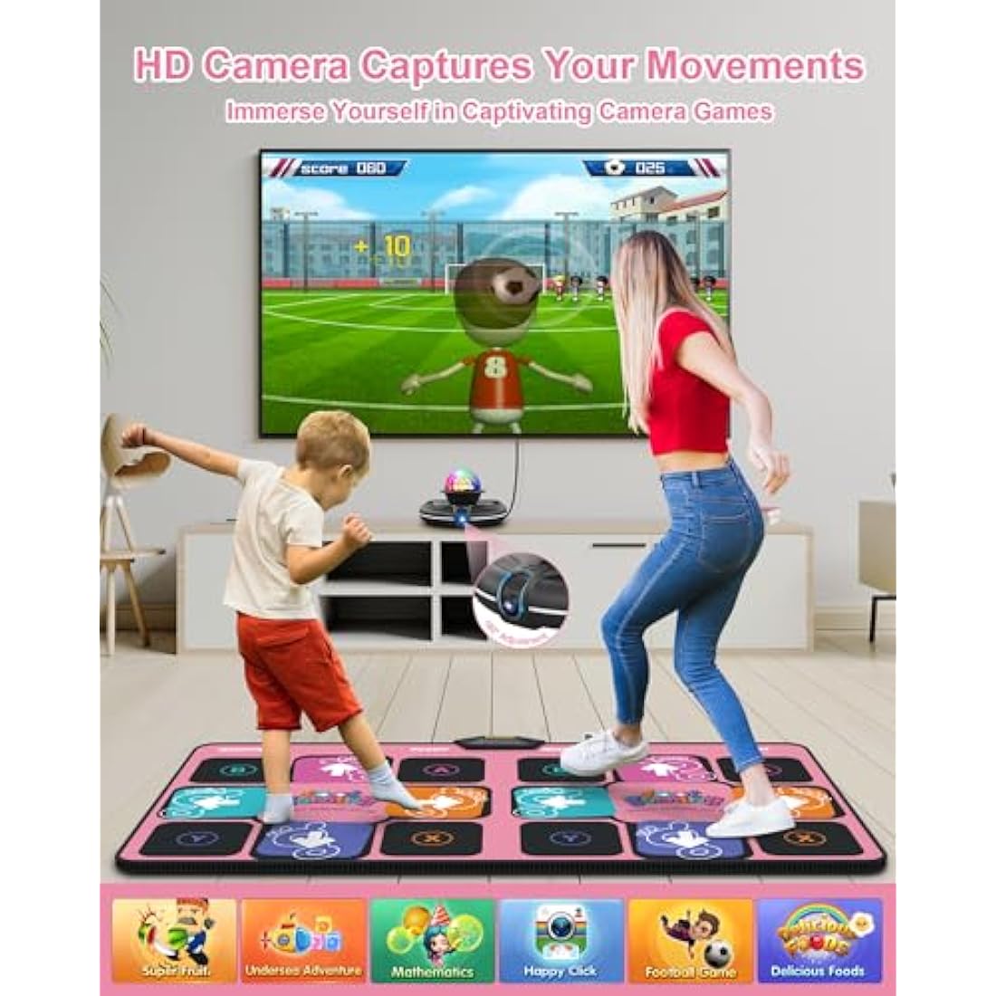 Acelufly Dance Mat for Kids - Electronic Dance Mats for TV with HD Camera, Indoor Non Slip Exercise Fitness Mat with 2 Wireless Controller & Colorful Disco Ball, Gift for Boys, Girls, Adults (Pink)