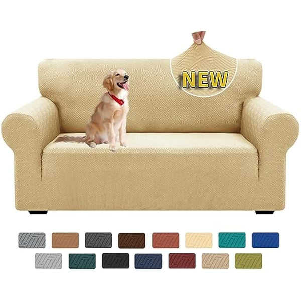 XINEAGE High Stretch Sofa Covers 2 Seater Latest Jacquard Loveseat Covers 1 Piece Couch Covers for 2 Seater Non Slip Sofa Covers for Dogs Washable Sofa Slipcovers Living Room (2 Seater, Beige)