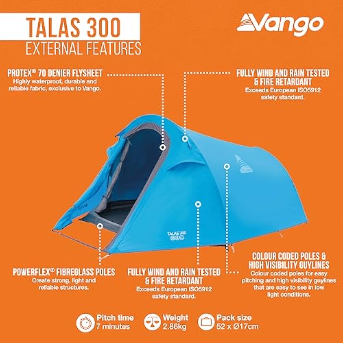 Vango Talas 300 Tunnel Tent [Amazon Exclusive] Easy To Pitch 3 Man Tent Waterproof for Adventure Camping, River Blue