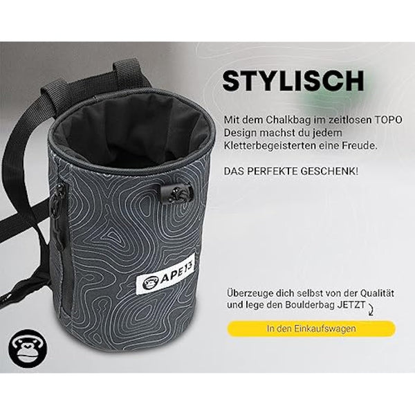 APE13® Chalk Bag zum Klettern und Bouldern (als Set & Einzeln) - inkl. Gurtband, Tasche, Halter für Bürste - Boulder Beutel für Magnesium - Kletter Chalkbag groß für Kalk/Kreide/Magnesia