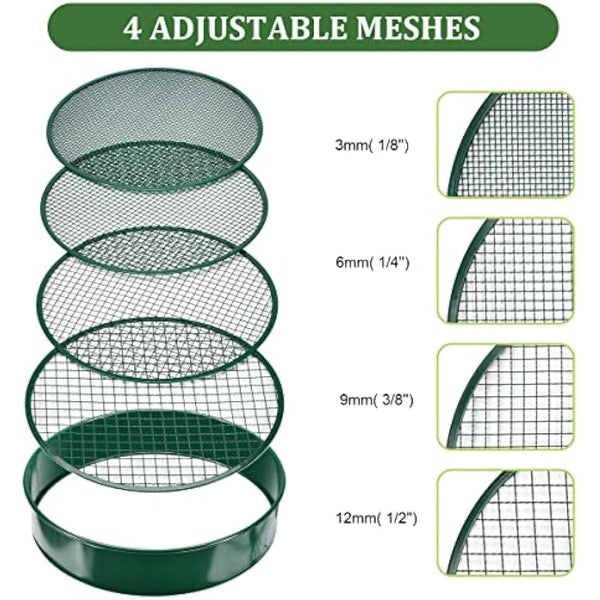 johgee Garden Sieve Metal, Soil Sieve, Garden Riddle Mesh Sizes 12mm/9mm/6mm/3mm, Gardening Sieve for Soil and Stones Large, Equipped with a Shovel and a Rake