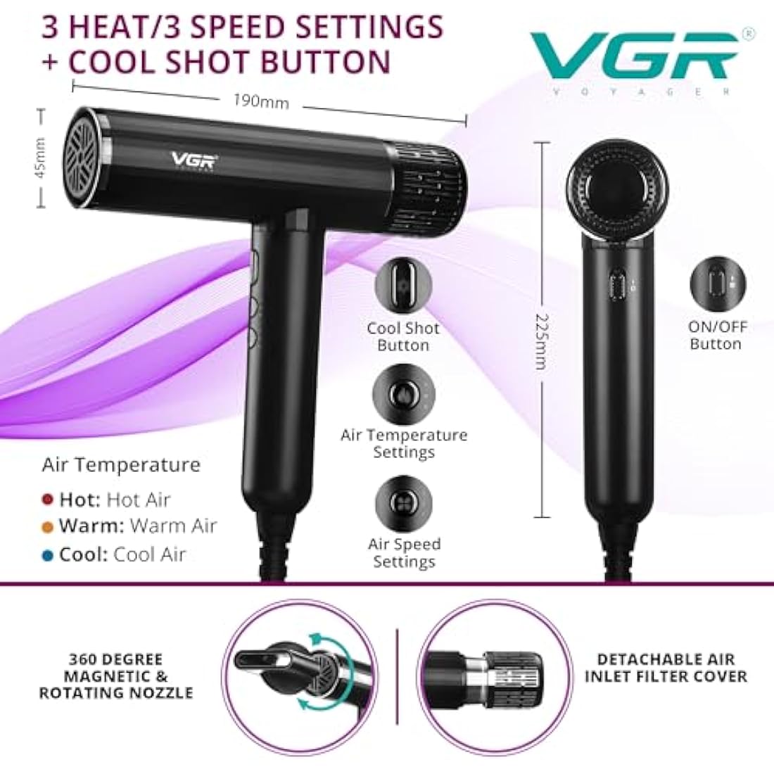 VGR Professional Hair Dryer - High Speed Powerful Brushless 11000 RPM - Fast Dry Negative Ionic - Lightweight Blow Hairdryer with Diffuser for Curly Hair and Nozzle - Quiet Low Noise