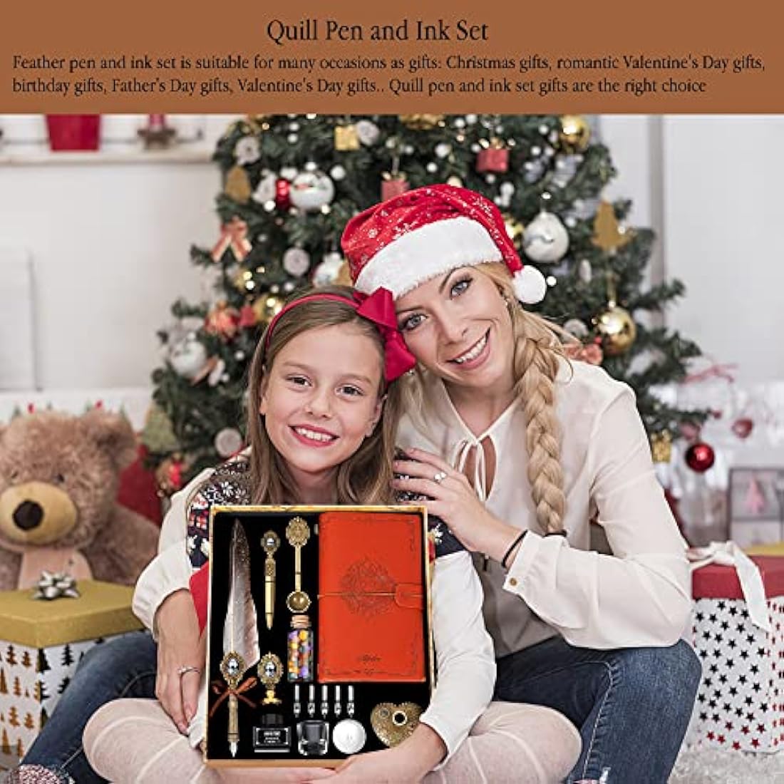 MPRINCE Feather Pen Ink Set,Includes Quill Pen,Notebook,Ink,5 Replaceable Nibs,Pen Holder,Cup,Seal Stamp,Spoon,Wax Bead,White Wax,Envelope & Letter Paper Etc-Grey