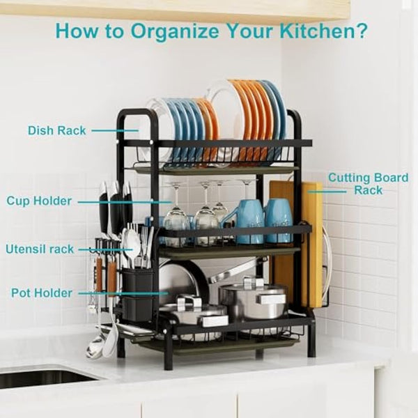 Dish Drainers Rack with Drip Tray, 3 Tier Large Dish Drying Rack with Draining Board and Cutlery /Chopping Board Holder over Sink, Dish Dryer Rack For Plate/Utensil on Kitchen Countertop (3-tier)