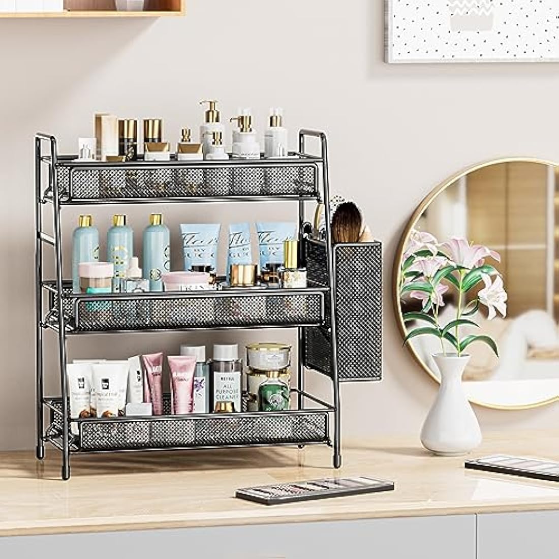 EKNITEY Bathroom Countertop Organiser Shelf - 3 Tier Counter Spice Rack Metal Makeup Rack Small Coffee Station Organizer for Sink/Bedroom/Living room/Kitchen/Office Balck