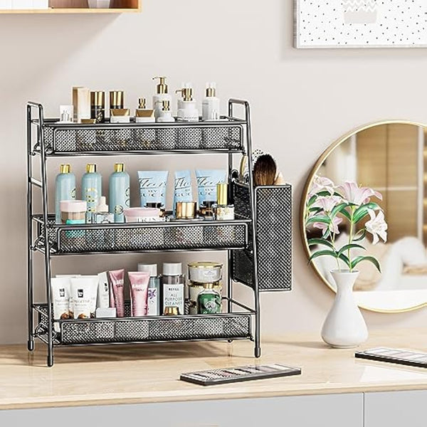 EKNITEY Bathroom Countertop Organiser Shelf - 3 Tier Counter Spice Rack Metal Makeup Rack Small Coffee Station Organizer for Sink/Bedroom/Living room/Kitchen/Office Balck