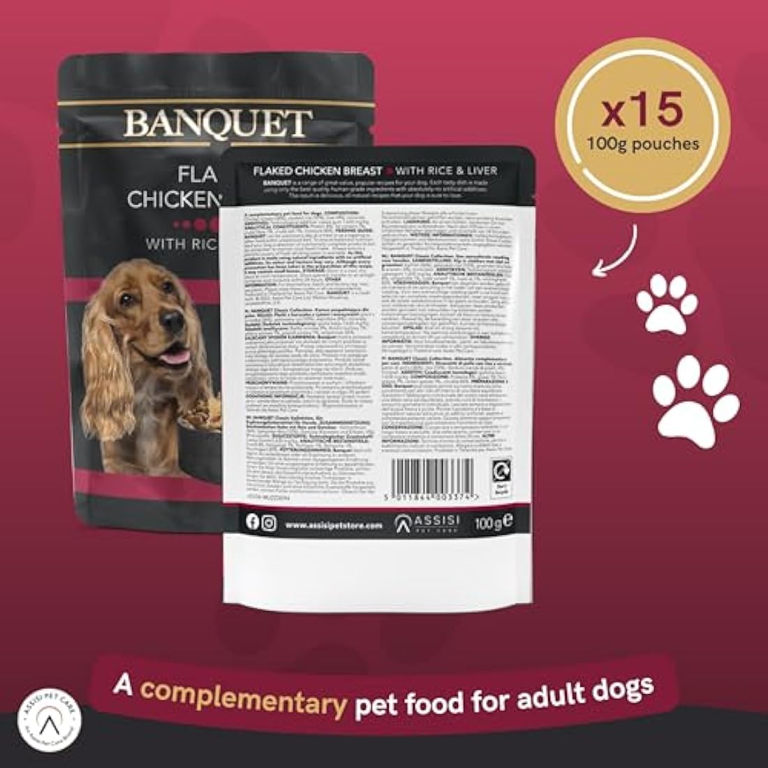 HiLife Banquet - Wet Dog Food - Flaked Chicken Breast, Rice, Liver - 100% Natural Ingredients, 15 Pouches x 100g