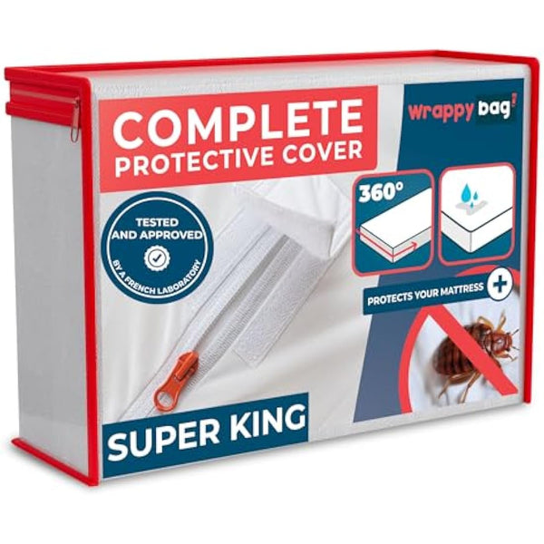 WRAPPYBAG Bed Bugs Mattress Protector - Mattress Cover - Zipped Mattress Protector - Waterproof - Cotton Surface - Super King Size