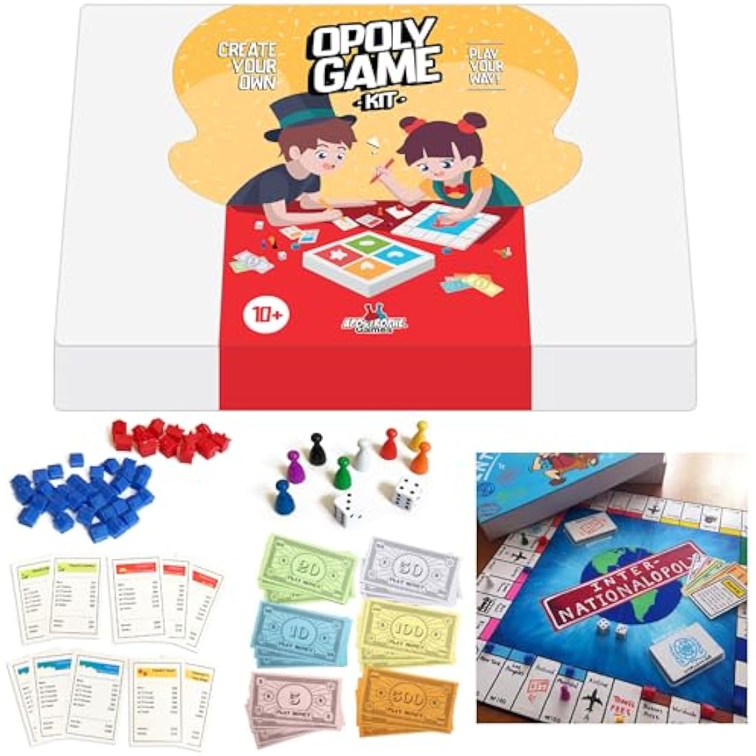 APOSTROPHE Games Create Your Own Opoly Board Game – Blank Game Board with Accessories, Blank Cards, Property Cards – 2+ Players, Ages 10+