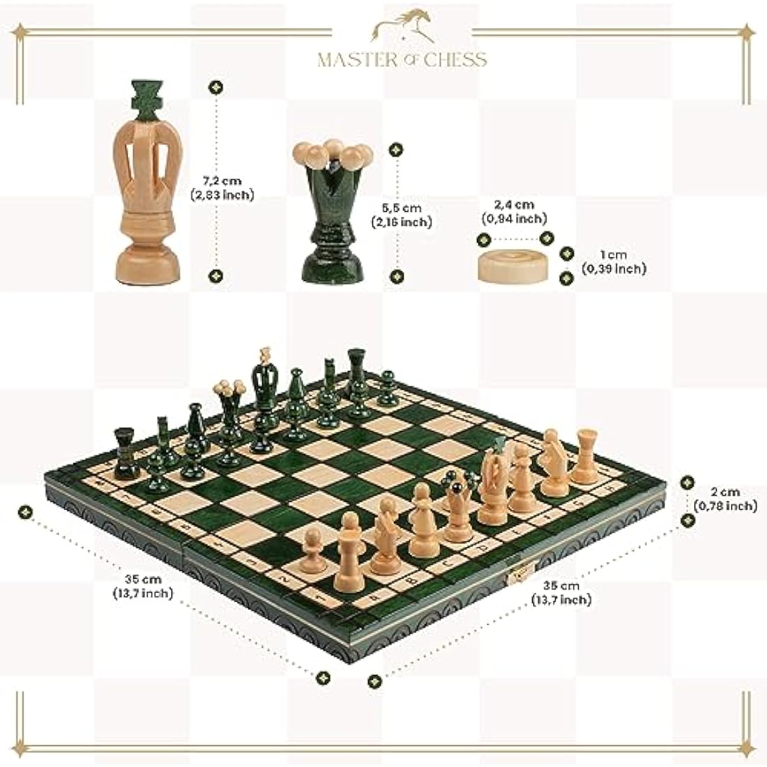GREAT KINGDOM Chess and Checkers Set | Master of Chess Green Chess Set | Chess Board 35cm Chess Set for Adults and For Kids - Handmade Portable Chess and Drafts/Draughts Set