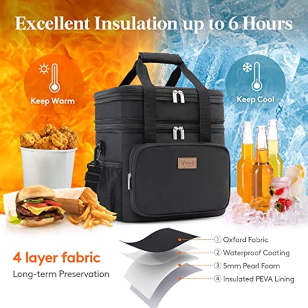 Lifewit 21L 30Can Lunch Box for Men Women Double Deck Lunch Bag, Large Insulated Soft Cooler Bag, Leakproof Soft Meal Prep Lunch Tote with Shoulder Strap for Adults for Work/Picnic/School, Black