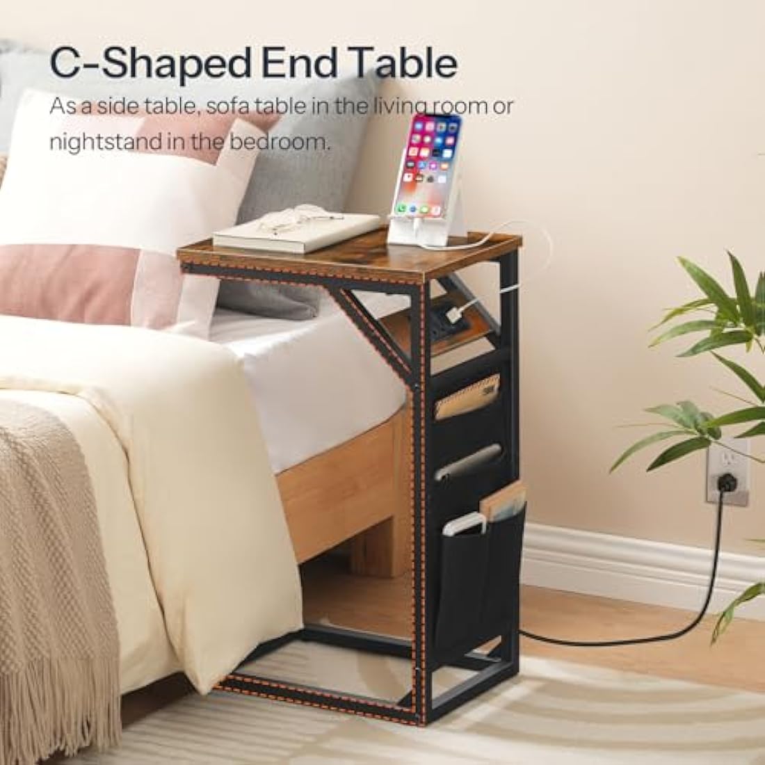 HOOBRO C Shaped Side Table with Charging Station, Sofa Side Table with Storage Bag, Narrow Bedside Table with Power, Laptop Table for Sofa, Small Spaces, Living Room, Rustic Brown and Black EBF28KSF01