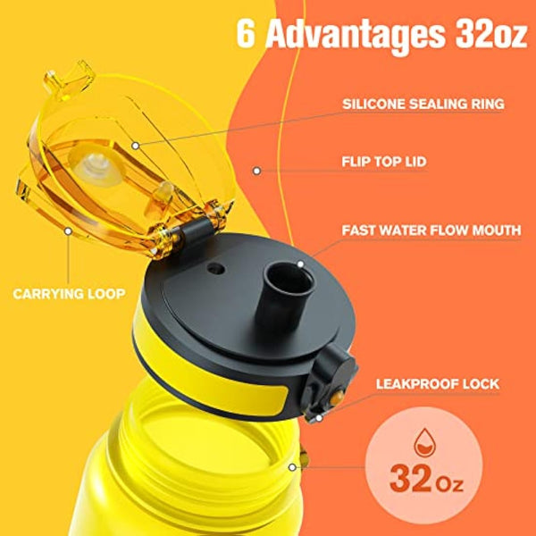 Sahara Sailor Leakproof Water Bottle 1L/500ML/750ML, Tritan BPA Free Motivational Sport Drinks Bottle with Clear Time Marker, Lock Cover, Easy Clean Brush, Durable for Gym, School, Cycling (1 Bottle)