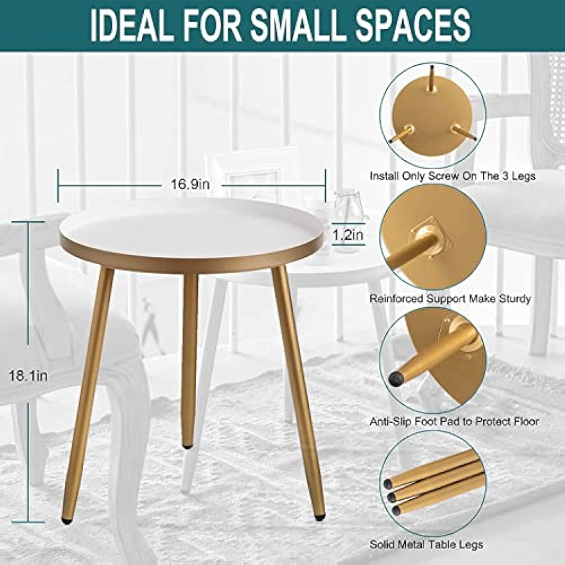 AOJEZOR Round Side Table, Metal End Table, Nightstand/Small Tables for Living Room, Accent Tables Cheap, Side Table for Small Spaces (White & Gold)