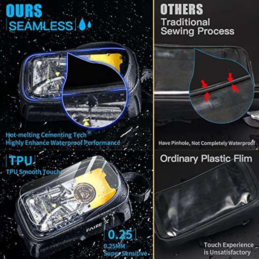 Faireach Bike Handlebar Bag with Mobile Phone Holder, Bicycle Frame Top Tube Pouch, Waterproof Cycle Cell Phone Mount with Touch Screen Window, for iPhone Samsung Smart Phone up to 6.8''