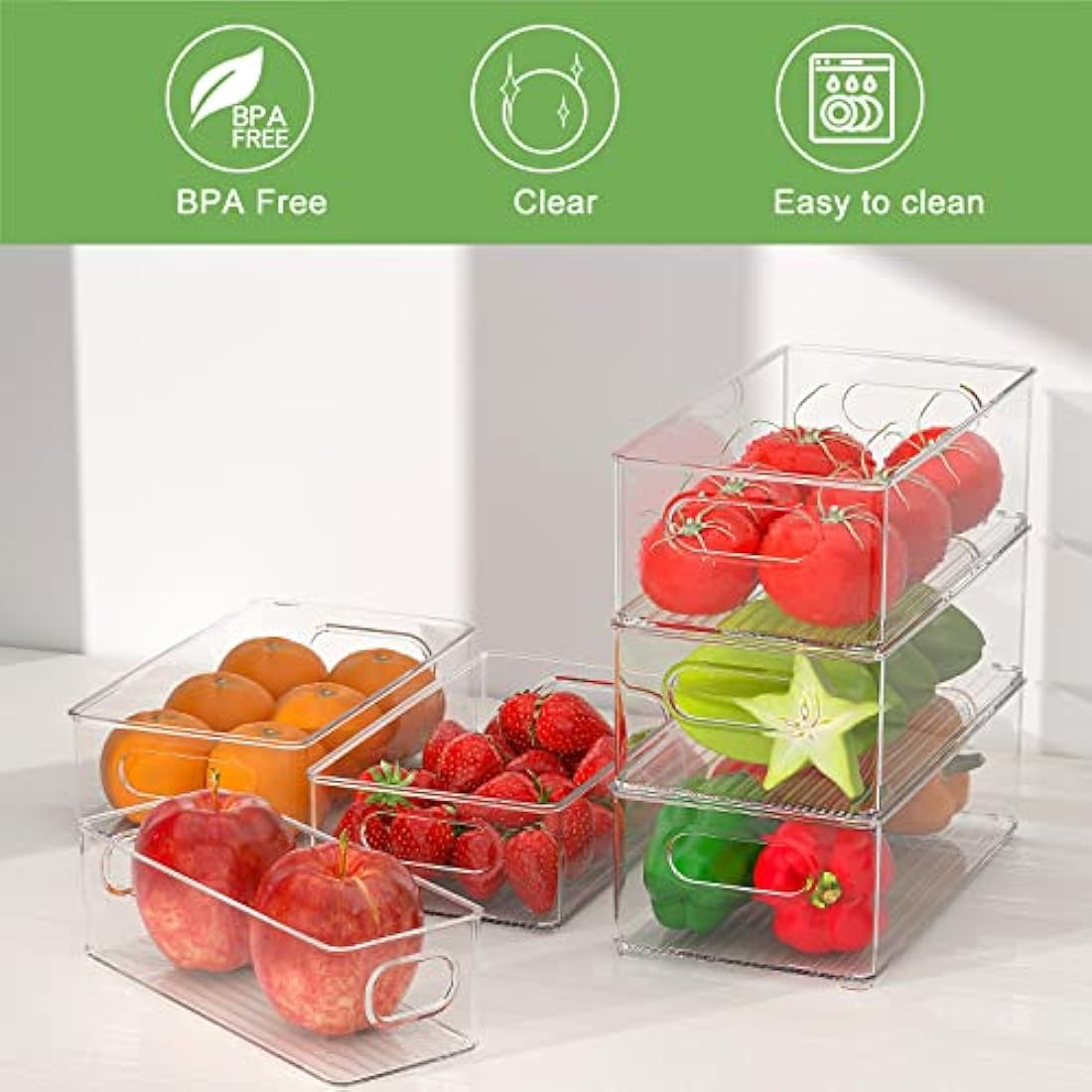 Finew Fridge Organiser Set of 12 (4 Small / 4 Medium / 4 Large), Stackable Storage Bins, Clear Kitchen Organisation Containers for Pantry, Cupboards, Refrigerator, Bathroom - BPA Free