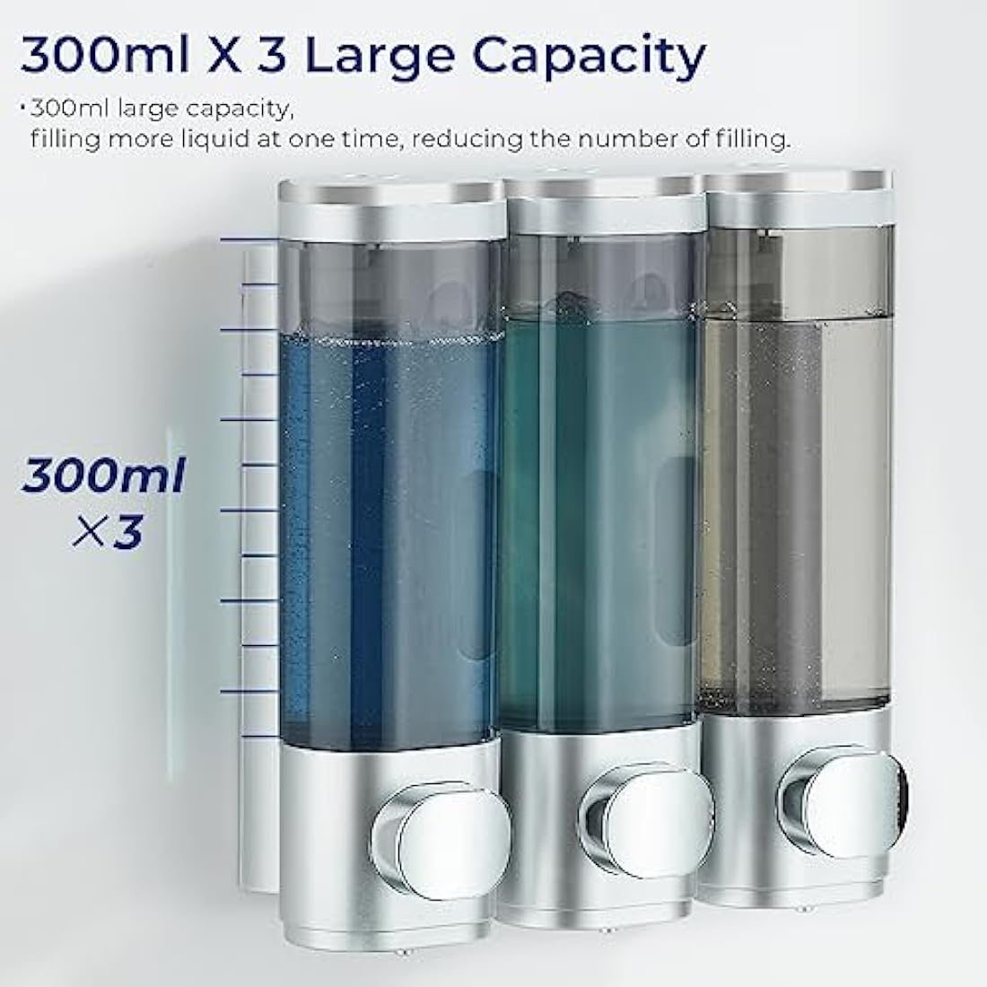 modunful Shampoo and Conditioner Dispenser, Shower Dispenser 3 Chamber No Drill Shampoo Dispenser for Shower Wall Mounted Conditioner Body Wash Liquid Soap for Bathroom,Large Capacity,Silver