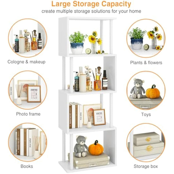 IBUYKE 5/6-Tier Tall Bookshelf,S-Shaped Geometric Bookcase, Wood Display Shelves With Storage,Modern Bookshelf for Living Room Bedroom, Home Office, White WBC015W