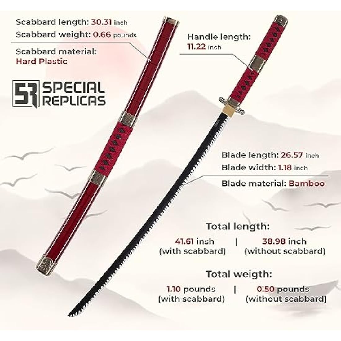 57 SPECIAL REPLICAS Roronoa Zoro Wooden Katana Sword 105cm Katanas Japanese Anime Cosplay Sword - Kitetsu/Shisui/Wado Ichimonji - 3 Piece Set JT10000