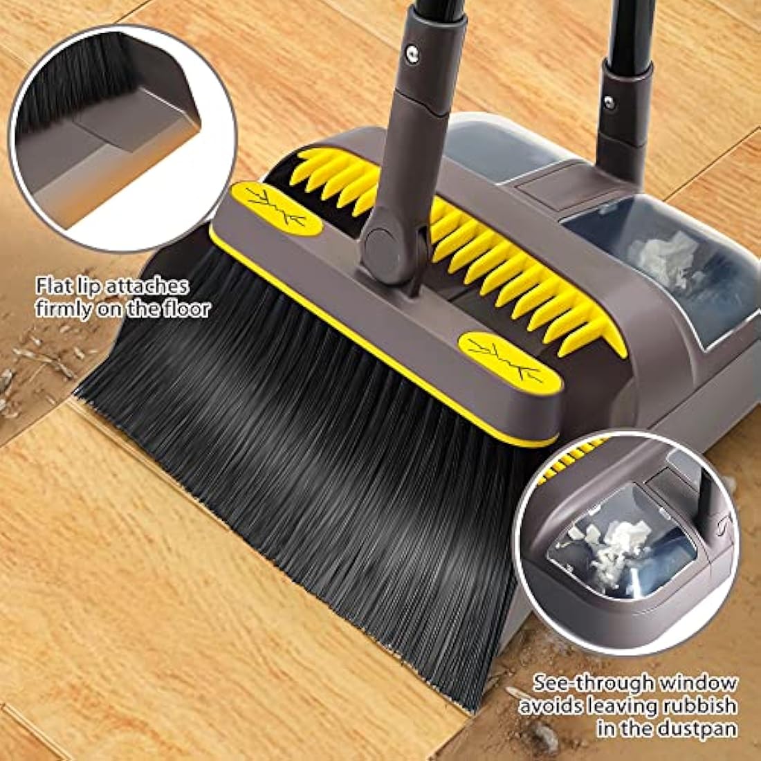 JEHONN Dustpan and Brush Set with 138 CM Long Handle, Tall Sweeping Broom with 180 Degree Swivel Head, Unique Garden Dust Pan with Comb Teeth for Indoor Outdoor Home Lobby Kitchen Office Room