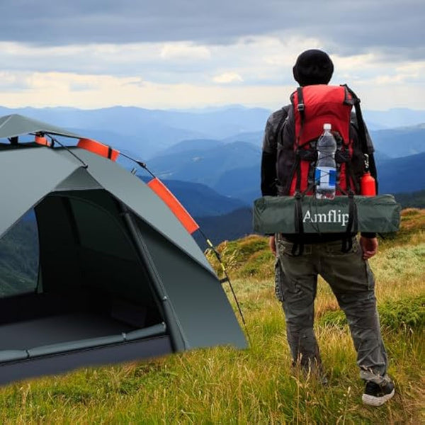 Amflip Camping Tent Automatic 1 Man Person Instant Tent Pop Up Ultralight Dome Tent 4 Seasons Waterproof & Windproof Camping Tent with Removable Outer Tarpaulin, Double Layers