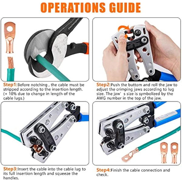 HX-50B Battery Cable Lug Crimping Tools Hand Electrician Pliers for Crimping Wire Cable from 6-50mm²(AWG 8-1/0) with Thickened and Reinforced The Metal Plate (HX50B Crmper +60PCSTerminals)