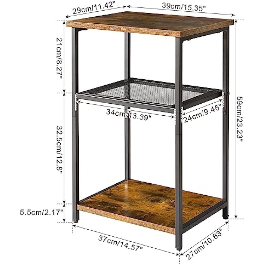 IBUYKE Side Table, 3-Tier End Table, Industrial Nightstand Small Table with Storage Shelf, Bedside Table for Bedroom, Living Room, Hallway, with Metal Frame, Rustic Brown TMJ403H