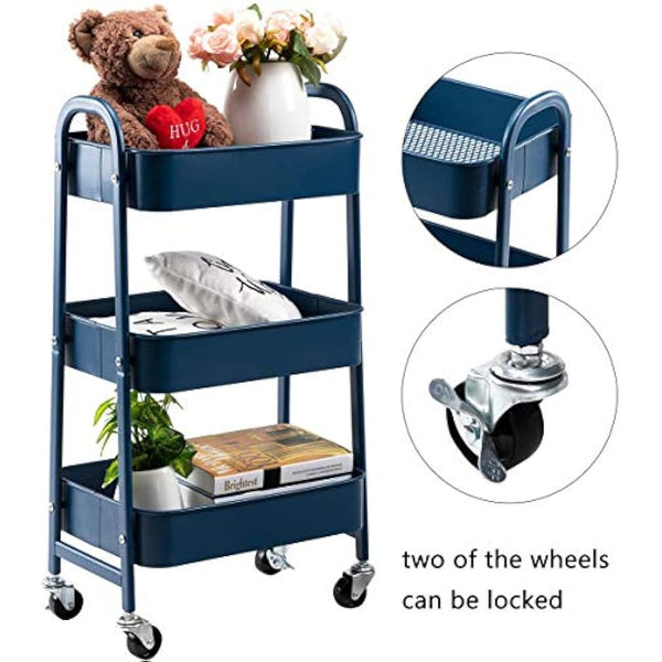 DOEWORKS 3-Tier Storage Trolley on Wheels Metal Storage Cart Rolling Kitchen Trolley Craft Trolleys Beauty Trolleys Utility Cart for Books Bedroom Bathroom Office, Navy Blue