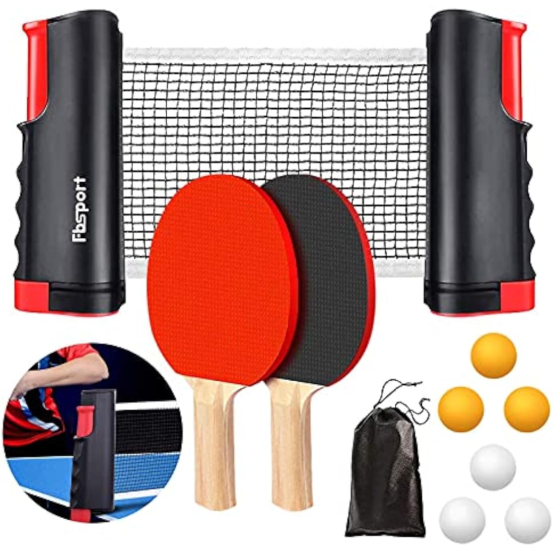 FBSPORT Table Tennis Set, Ping Pong Bats Set with 2 Paddles, 1 Retractable Net, 6 Balls, 1 Carrying Bag, for Trainer Adults Families Indoor Outdoor