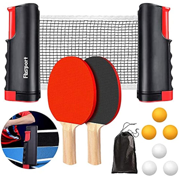 FBSPORT Table Tennis Set, Ping Pong Bats Set with 2 Paddles, 1 Retractable Net, 6 Balls, 1 Carrying Bag, for Trainer Adults Families Indoor Outdoor