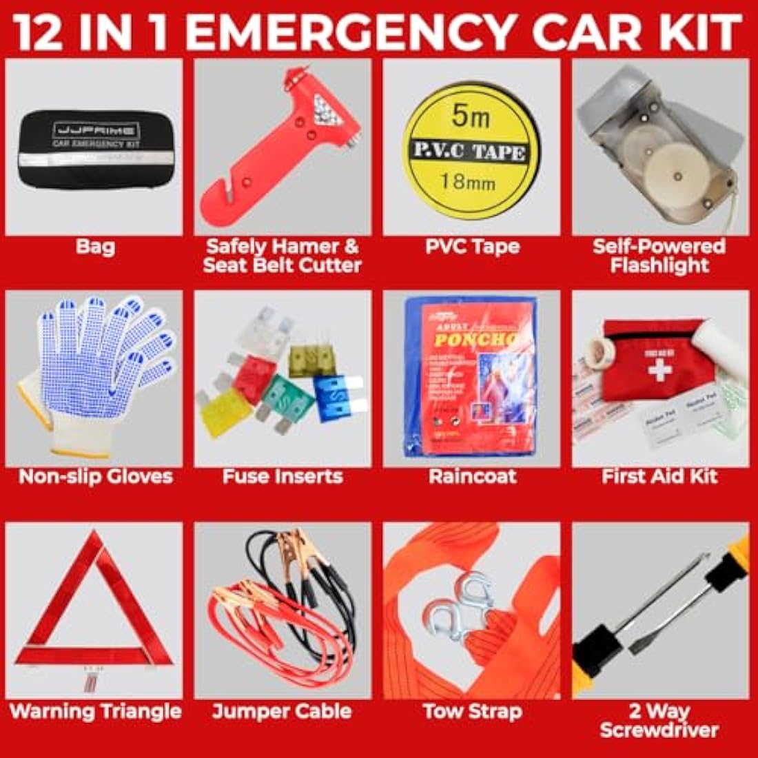 JJOnlineStore 12-in-1 Car Driving Safety Emergency Kit EU Vehicle Repair Essentials Travel Tool Storage Case, Warning Triangle, First Aid Kit - European Driving Kit, 12 Pcs (Black)