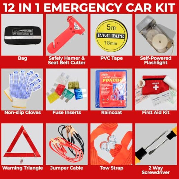 JJOnlineStore 12-in-1 Car Driving Safety Emergency Kit EU Vehicle Repair Essentials Travel Tool Storage Case, Warning Triangle, First Aid Kit - European Driving Kit, 12 Pcs (Black)