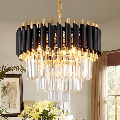 AOOCHOK Black and Gold Crystal Chandelier Pendant Light, Small Modern Crystal Chandelier for Entryway, Corridor, Balcony, Porch, Restaurant, Door Opening, E27 x 3, Φ40cm