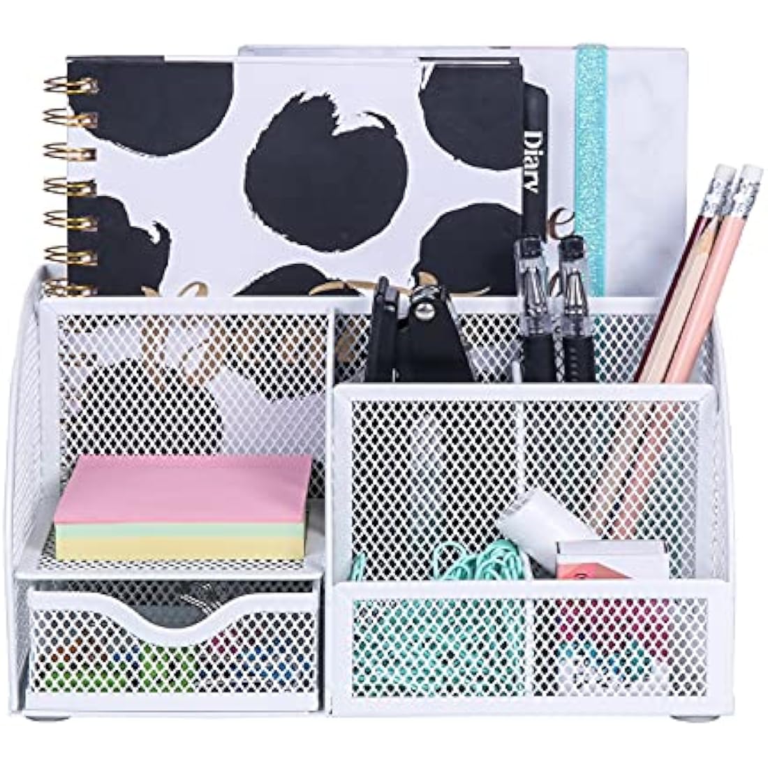 EXERZ Desk Organiser/Mesh Desk Tidy Caddy/Pencil Holder Multifunctional with 7 Compartments– White