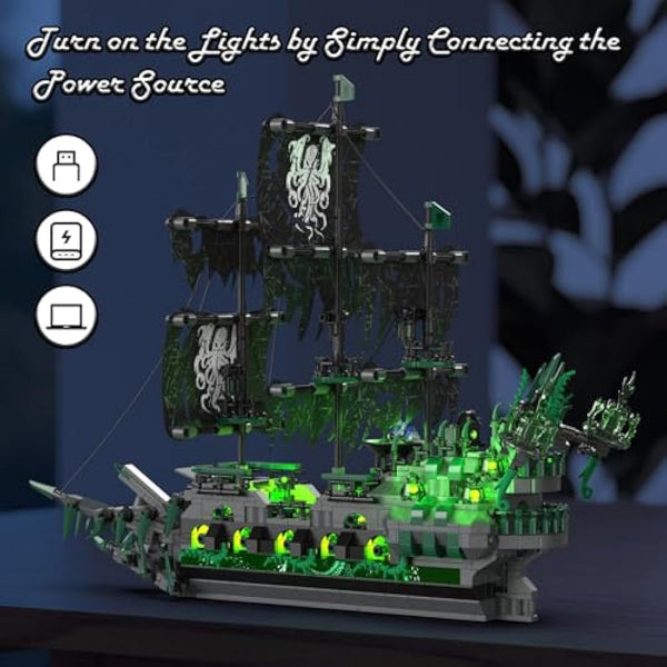 JMBricklayer Ghost Pirate Ship Building Block Toy with Lights, 40001 Flying Dutchman Brick Model to Build for Adults Men, Sail Boats Construction Toy Collection Decor Gifts for Childs 14+ (1100Pcs)