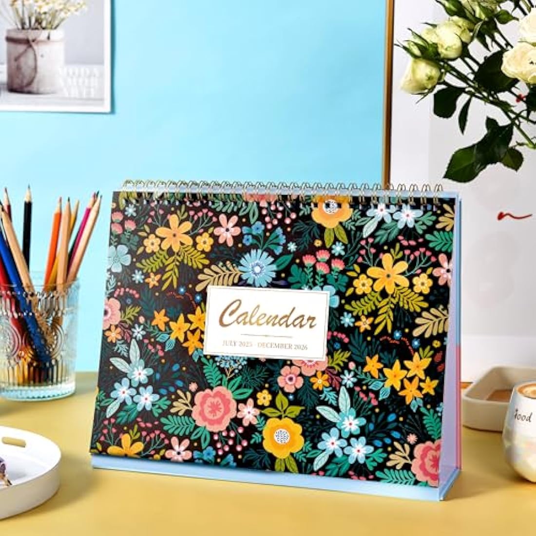 2025-2026 Desk Calendar - Standing Flip 2025-2026 Desktop Calendar with Thick Paper, July 2025 - December 2026, 25.5 x 20.5 x 8 cm, Twin-Wire Binding, Large Unruled Blocks