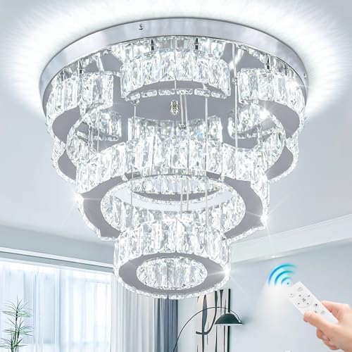 FRIXCHUR 15.7" Flower Crystal Chandelier Modern LED Flush Mount Ceiling Light 2 Rings Pendant Lights Chandeliers for Living Room Dining Room Bedroom (Dimmable)
