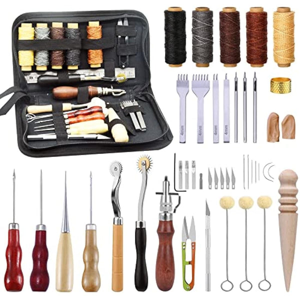 Leather Tools for Leather Working Professional,Leather Working Tools for Beginners,Leather Tools with Waxed Thread Stitching Groover Awl,Leather Sewing Kit and Leather Crafting Kit for Adults Gifts