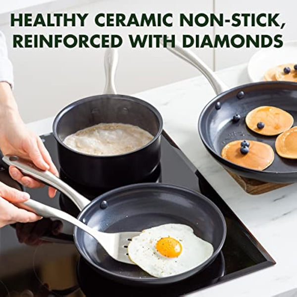 GreenPan Lima Midnight Hard Anodized Healthy Ceramic Non-Stick, 5-Piece Set, Includes Frying Pan, Saucepan, & Nylon and Slotted Turner, PFAS-Free, Induction Suitable, Oven Safe, Black